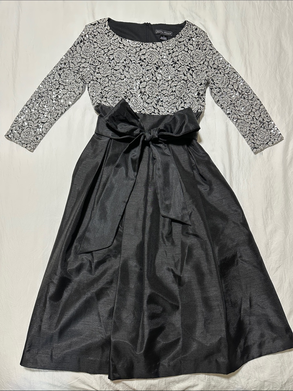 Jessica Howard Black Silver Lace Sequin Formal Cocktail Gown Bow Belt Sz 6